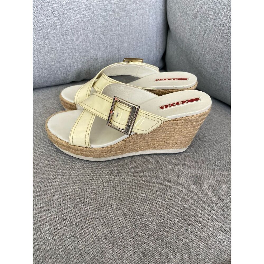 Prada Women's Ankle Wrap Espadrille Wedge Sandals Beige Size 6